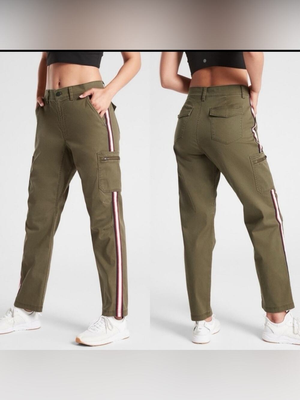 Athleta Summit Cargo Pants Side Stripe Green Ankle Size 6